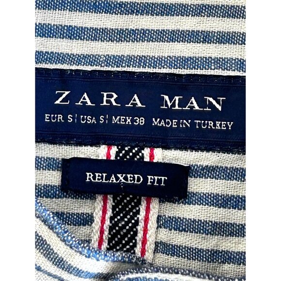 ZARA Man ~ Linen blend Blue & White Striped ~ Long Sleeve Button-Down Shirt~ - Picture 3 of 14